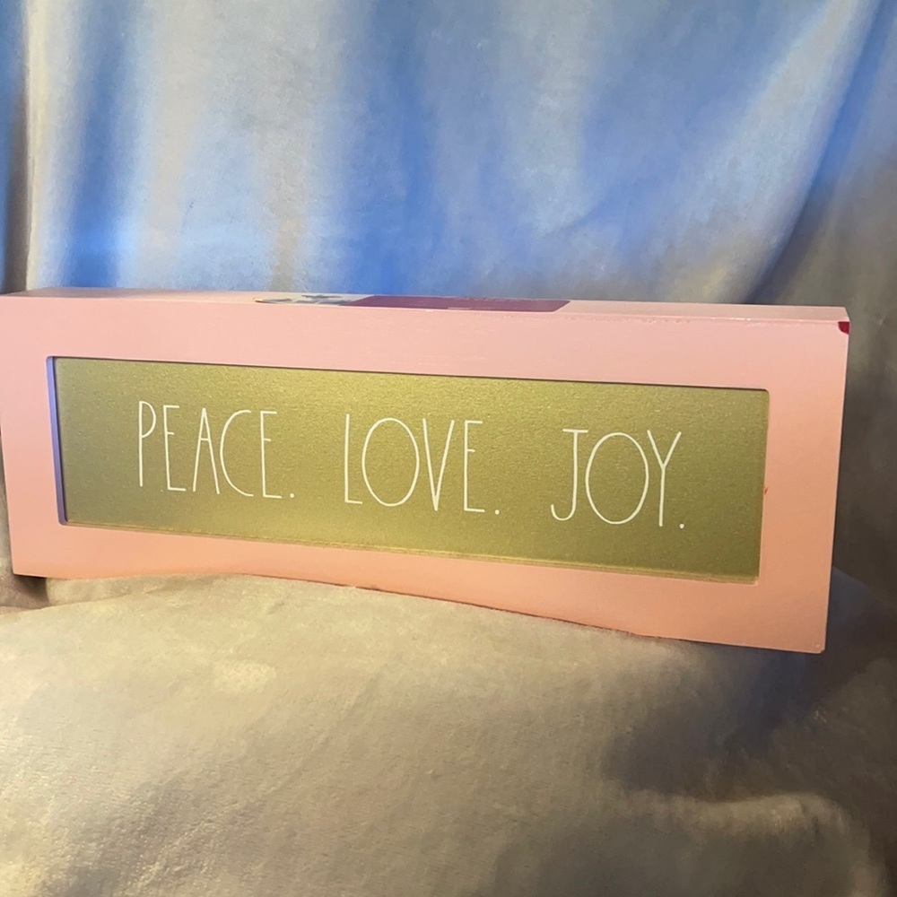 Rae Dunn “Peace. Love. Joy.” Wood Pink/Gold Sign